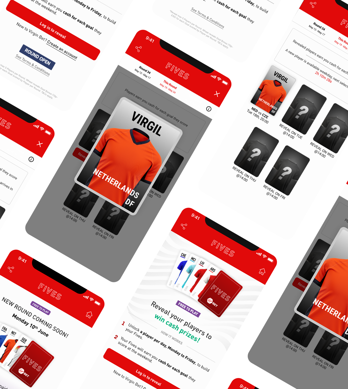 Product screens for Virgin Bet Fives free-to-play game