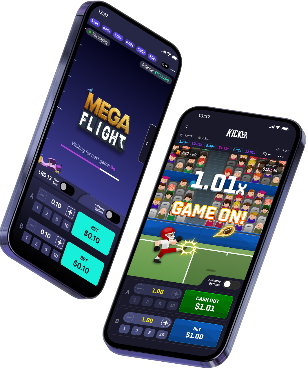 Two floating phones showing Incentive Studios' Crash game designs