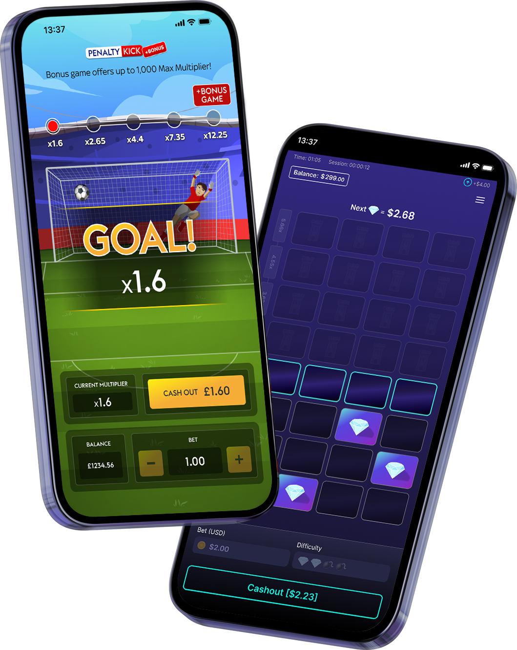 Two floating phones showing Incentive Studios Tower game designs